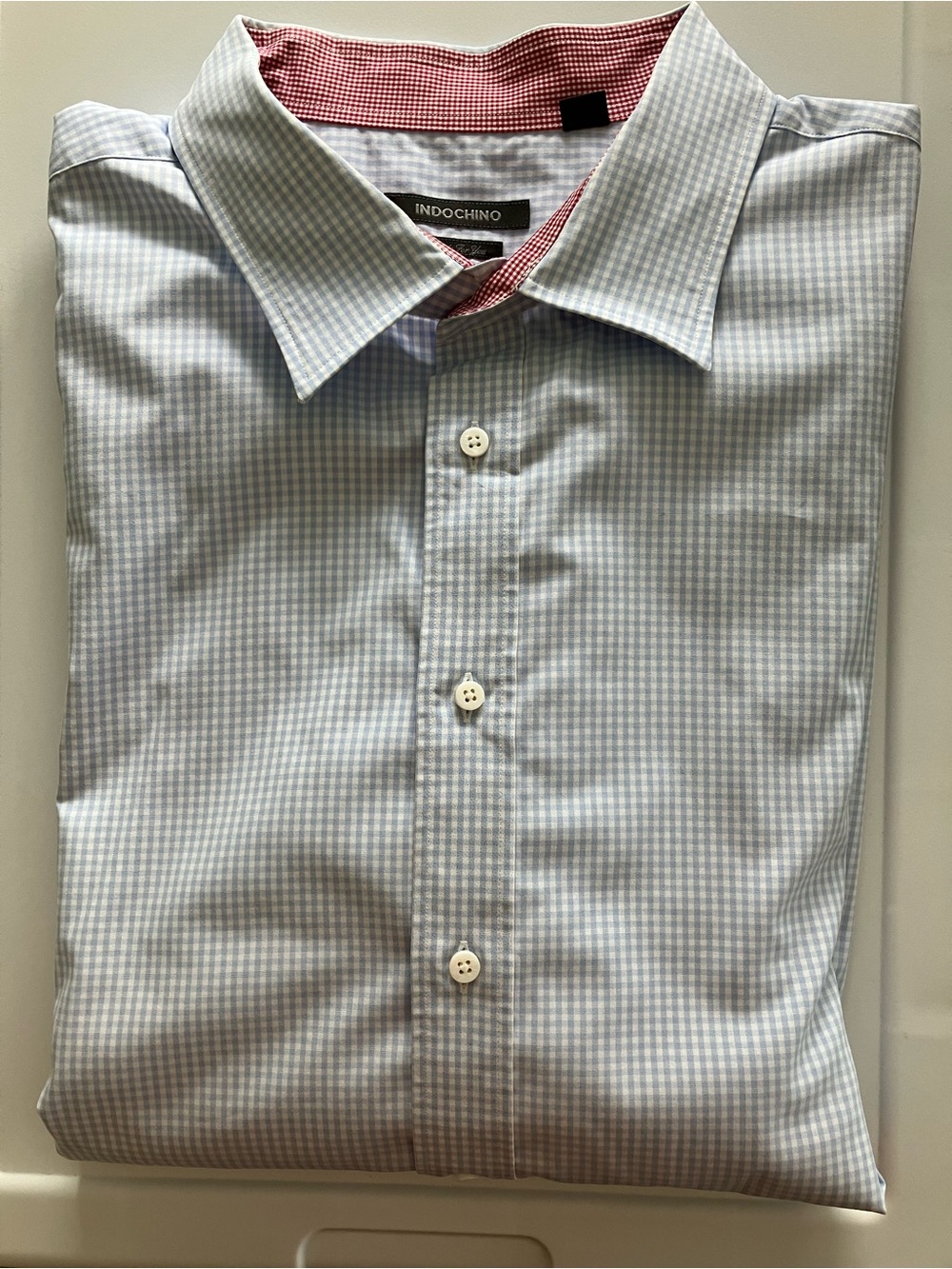 Indochino Light Blue Micro-Gingham Dress Shirt with Red Contrast Collar